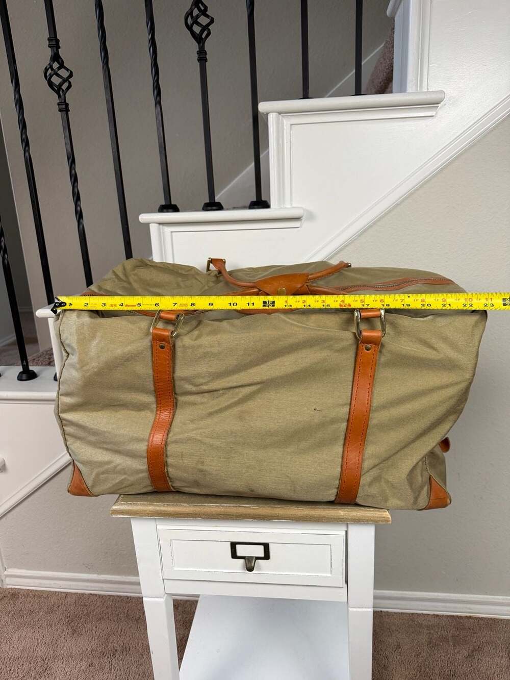 WTW Traveler Duffle Bag Leather-Trim Canvas Tan Weekender Bag - Picture 7 of 8